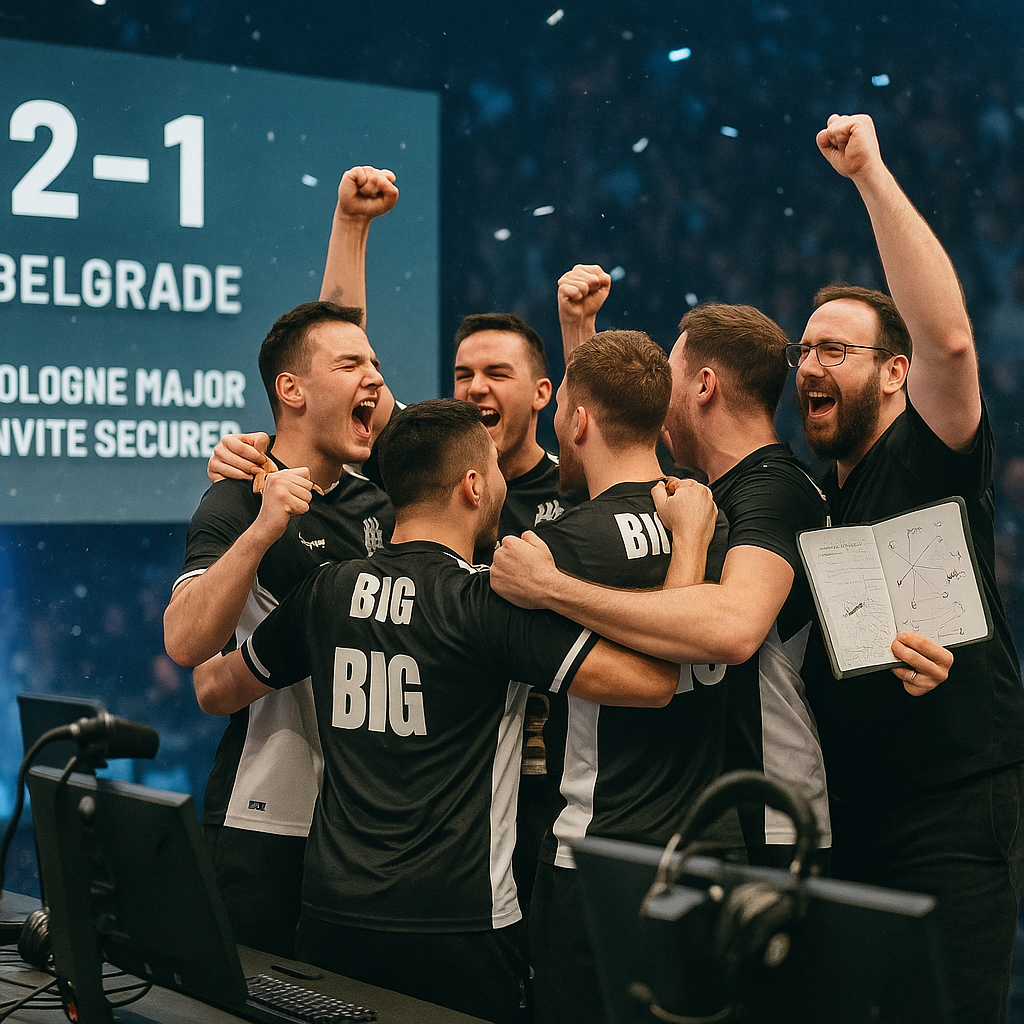 BIG, HLC Belgrade PRO yarı finalini 2-1 kazanıp Cologne Major davetini kutlarken sahnede çekilmiş